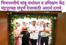 चिचपल्लीचे बांबू संशोधन व प्रशिक्षण केंद्र चंद्रपूरसह संपूर्ण देशासाठी आदर्श ठरावे. आ. सुधीर मुनगंटीवार यांनी व्यक्त केला विश्वास. आ. सुधीर मुनगंटीवार यांच्या पुढाकाराने चिचपल्लीच्या बांबू संशोधन व प्रशिक्षण केंद्राला नवे बळ. संशोधन, प्रशिक्षण आणि रोजगारनिर्मितीच्या माध्यमातून केंद्राला नवी दिशा. बांबू फर्निचर, वस्त्रोद्योग, इंधन निर्मिती, सामाजिक उत्तरदायित्व आणि नाविन्यपूर्ण उत्पादनांवर विशेष भर.